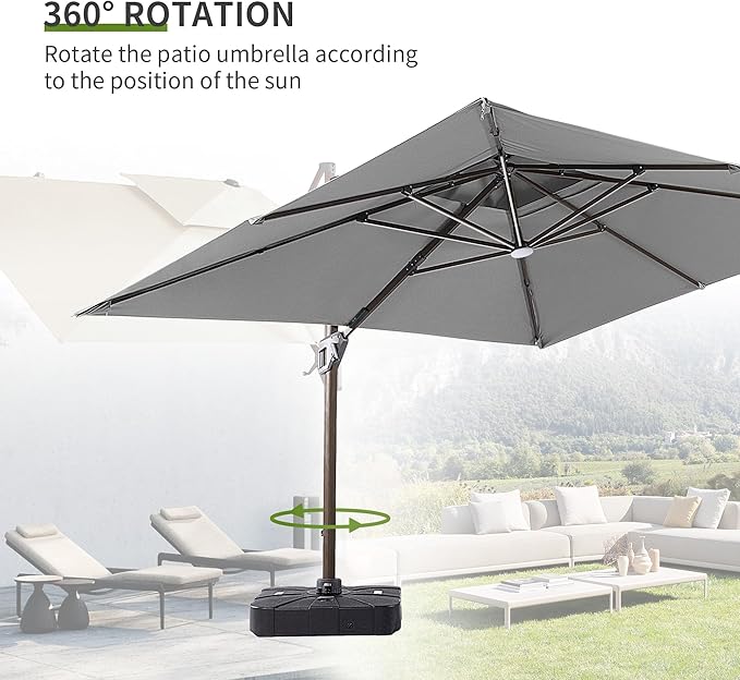 JZAC & QZYD 10X13 FT Outdoor Cantilever Patio Umbrella with Base Included and LED Lights, Large Heavy Duty 2-Tier Aluminum Offset Umbrellas with 360-Degree Rotation for Pool Deck, Grey