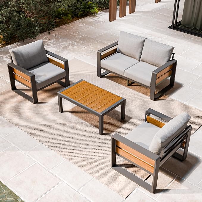 ZANDOR Aluminum Outdoor Patio Furniture Set with Coffee Table, 4 Seats Patio Conversation Sets with Washable Thick Cushions, Outdoor Sectional for Porch, Backyard, Deck, Garden & Poolside, Grey