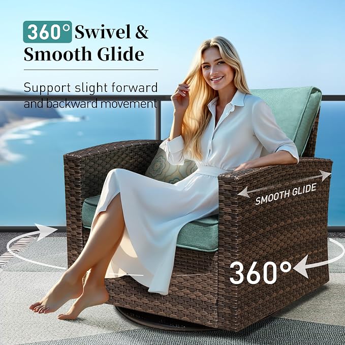 SUNSHINE VALLEY Swivel Glider Patio Furniture Set Outdoor Furniture Brown Wicker Rattan Patio Conversation Sets with Cushion Outside Sofa Set,5 Pieces with Rectangular Firepit Table,7 Seats,Blue