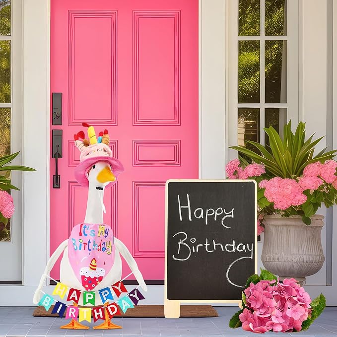 Abbylike 4 Pcs Happy Birthday Porch Goose Outfit for 23" Statues Poseable Porch Goose Wings Birthday Cake Hat for Lawn Patio Outdoor Geese Statue Decoration Accessories (Pink,Bib Style)