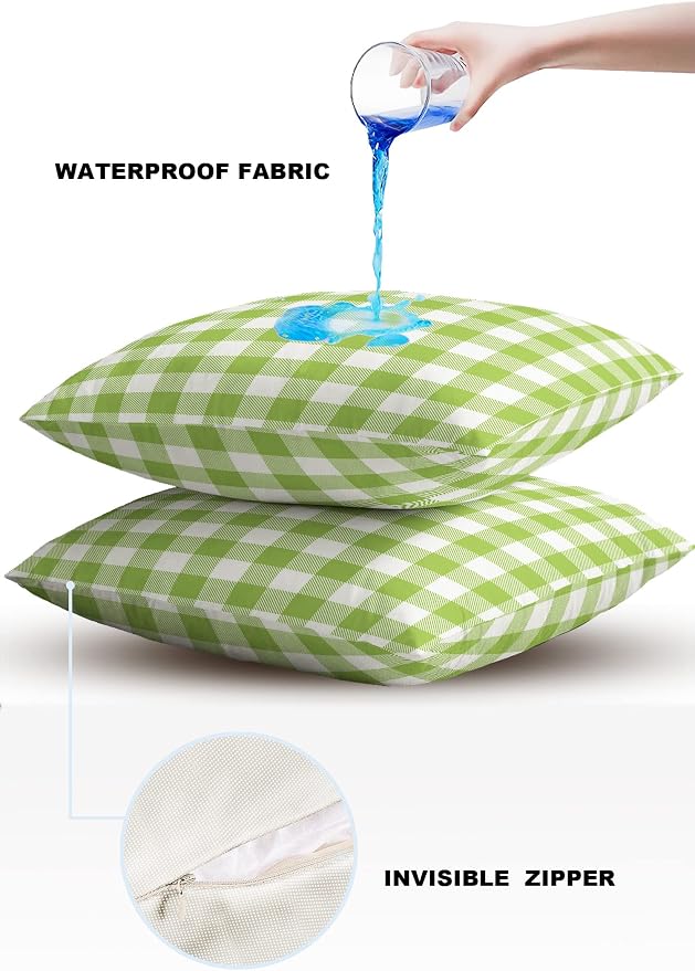 Outdoor Waterproof Throw Pillow Covers Set of 2 Sage Green Buffalo Check Plaid Pillowcases 26x26 Inches Farmhouse Style Patio Decorative Pillows Cushion Case Patio Pillows for Couch Bed Chair Garden