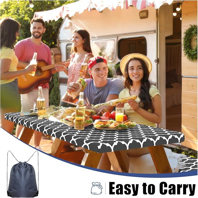 Smiry Picnic Table Cover with Bench Covers, Waterproof Elastic Fitted Tablecloth for 5 Foot Tables, Washable Polyester Tablecloths for Camping, Indoor & Outdoor (Dark Grey, 30x60 Inch 3-pc Set)