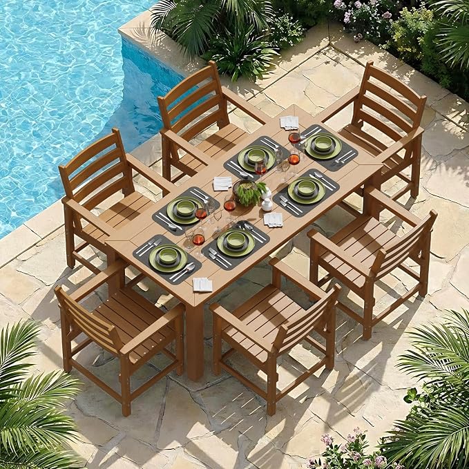Outdoor HDPE Dining Table Set 7-Piece, All-Weather Outdoor Table and Chairs with Umbrella Hole Cut-Out, Patio Furniture for Garden, Backyard, Deck (Teak)