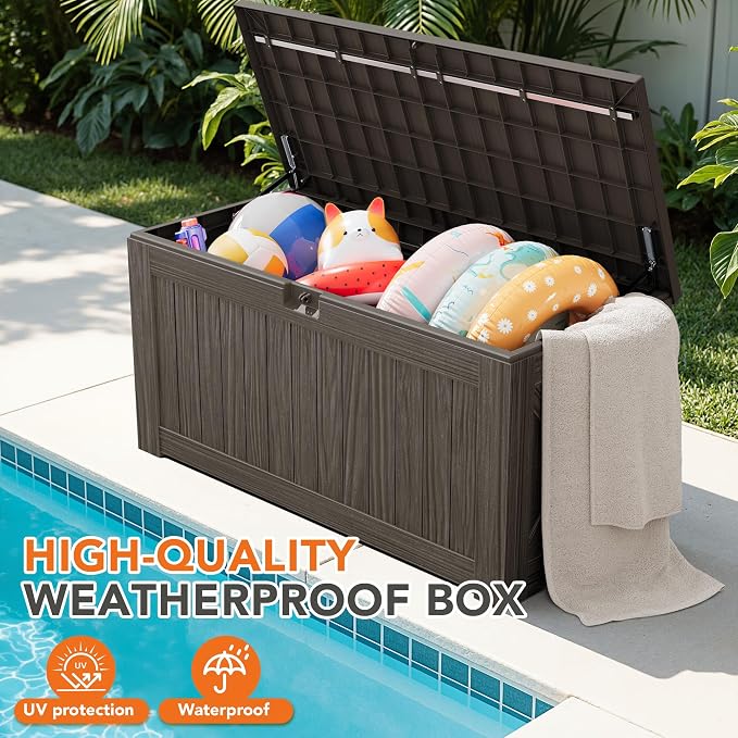130 Gallon Deck Box Outdoor Indoor Waterproof Storage Box for Patio Furniture, Pool Accessories, Garden Tools, and Cushion Storage, Brown