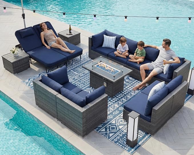 NICESOUL 13 Piece Outdoor Patio Furniture Set with Fire Pit, Extra Large 29.3'' High Back Patio Sofa Set w/Lounges, Oversized Wicker Outdoor Sectional with Fire Pit for Deck, Lawn, Yard, Gray & Navy