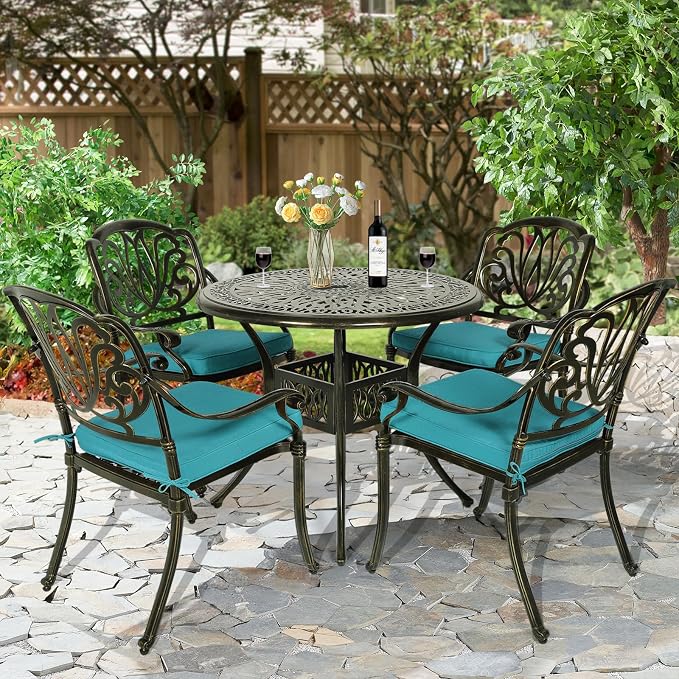 5-Piece Outdoor Patio Dining Set, All-Weather Cast Aluminum Patio Furniture Set for Backyard Garden Deck with 4 Chairs, 4 Cushions and 35.4" Round Table, 2" Umbrella Hole, Blue