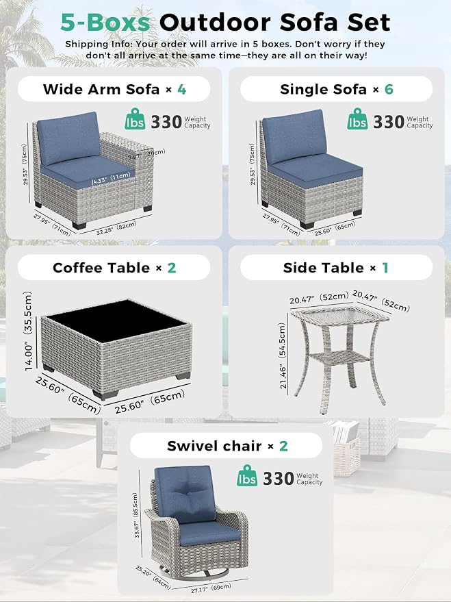 15 Piece Outdoor Wicker Sectional Sofa Set with Swivel Chairs, 12-Seats Patio with 4" Thickened Cushions & Coffee Table, All-Weather PE Rattan for Garden, Backyard, Porch, Blue