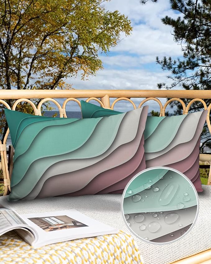 Funy Decor Waterproof Outdoor Throw Pillow Cover Green Modern Geometric Lumbar Pillowcases Set of 2 Abstract Beach Decorative Patio Furniture Pillows for Couch Garden 20 x 12 Inches