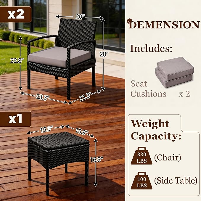 PROHIKER 3 PCS Patio Rattan Conversation Bistro Chairs Set, Outdoor Patio Furniture Wicker Bistro Set with Coffee Table for Garden Porch Balcony Yard Lawn, Brown