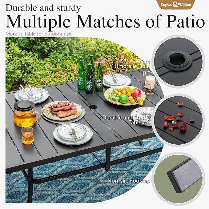 Sophia & William Patio Set with Umbrella, Outdoor Dining Set for 6 Persons, Outdoor Table with 13ft Beige Patio Umbrella & 6 x Fixed Chairs for Lawn Garden Backyard Pool (No Umbrella Base)
