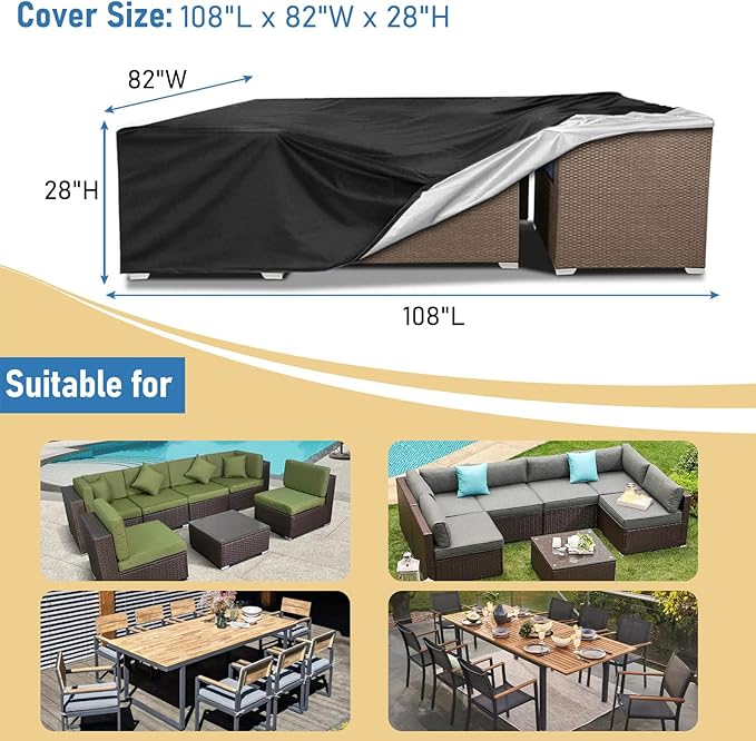 AKEfit Patio Furniture Covers,500D Heavy Duty Waterproof for Outdoor Square and Retangle Patio Table and Chair Covers,Black-108" L x 82" W x 28" H