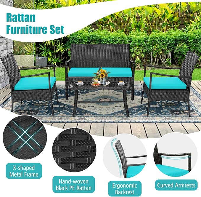 Tangkula 4 Pieces Rattan Conversation Set, Patio Sofa Couch Set with Tempered Glass Coffee Table, Seat Cushions, Outdoor Wicker Loveseat Set for Poolside, Courtyard, Balcony (1, Turquoise)