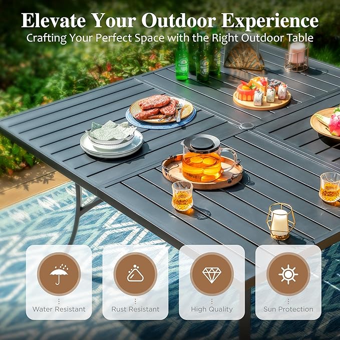 HERA'S HOUSE Patio Dining Set 9 Pieces, Outdoor Table and Chairs Set for 8, 8 x Red Textilene Dining Chair, 60" Square Metal Dining Table with 1.57" Umbrella Hole, for Lawn Garden Backyard Deck