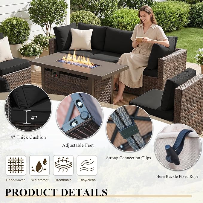 5 Piece Patio Furniture Set with Fire Pit Table, Outdoor Sectional Sofa PE Rattan, Patio Conversation Sets with Cushions for Garden Lawn Balcony Porch Deck Black