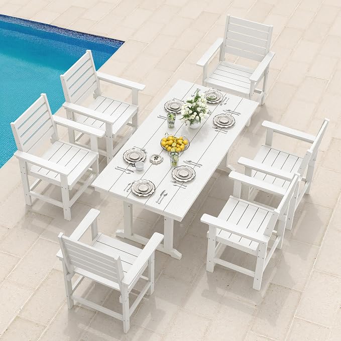 7 Piece Outdoor Dining Set, HDPS Patio Table and Chairs Set, 66" Patio Table with 1.96" Umbrella Hole & 6 Chairs, All Weather Furniture for Garden, Backyard, Poolside (White)