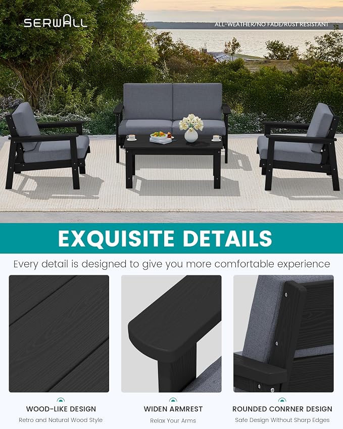 SERWALL Outdoor Patio Furniture Set, 5 Piece HDPE Patio Conversation Sets, All-Weather Wood-Like Outdoor Couch Loveseat and Coffee Table with Thick Cushions for Porch Balcony Garden Backyard
