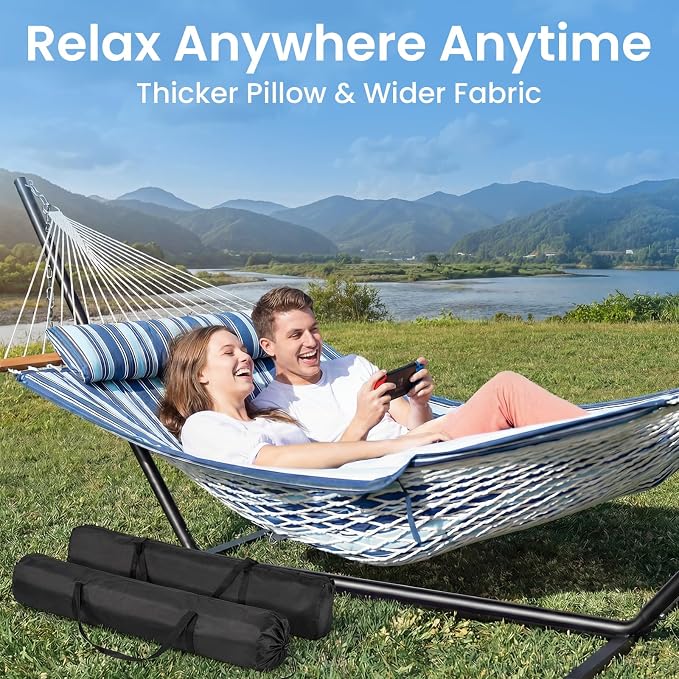 ANAGOO Double Hammock with Stand – Portable Cotton Rope Hammock with Removable Quilted Pad & Pillow, Adjustable Steel Frame for Patio, Backyard, Garden, Park, Camping & Outdoor Relaxation – Blue