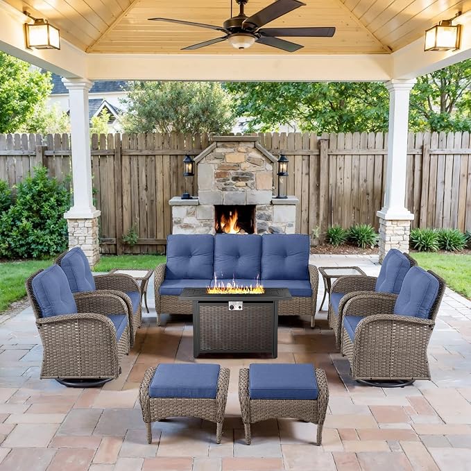 Belord Expansive 10 Pieces Outdoor Patio Furniture Set with 43” Propane Fire Pit Table, Patio Conversation Set with Swivel Rocker Outdoor Chairs Set of 4 and Sofa, Ottoman and Wicker Side Table
