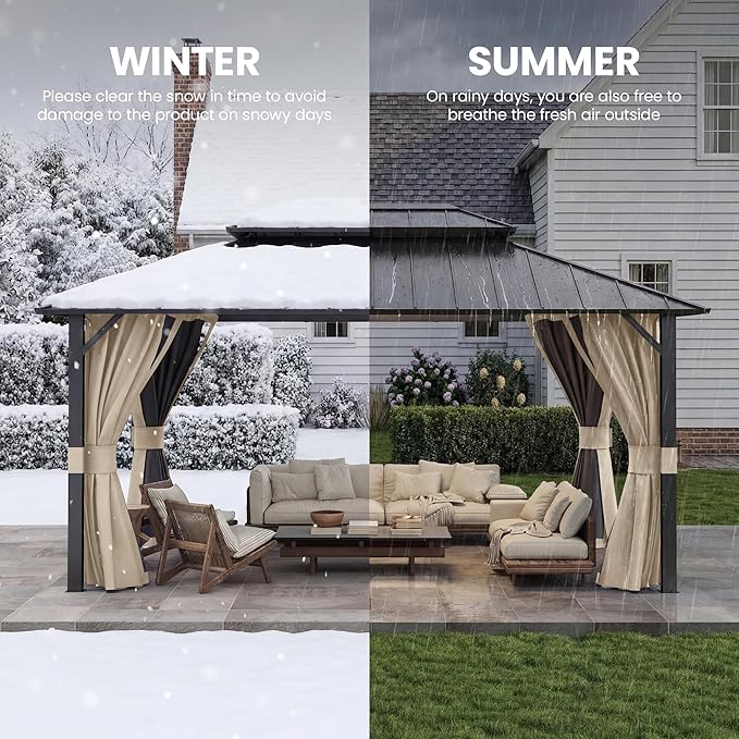 UDPATIO 12'x16' Permanent Hardtop Gazebo with Galvanized Steel Double Roof for Patio Backyard Garden, Curtains and Netting Included, Beige