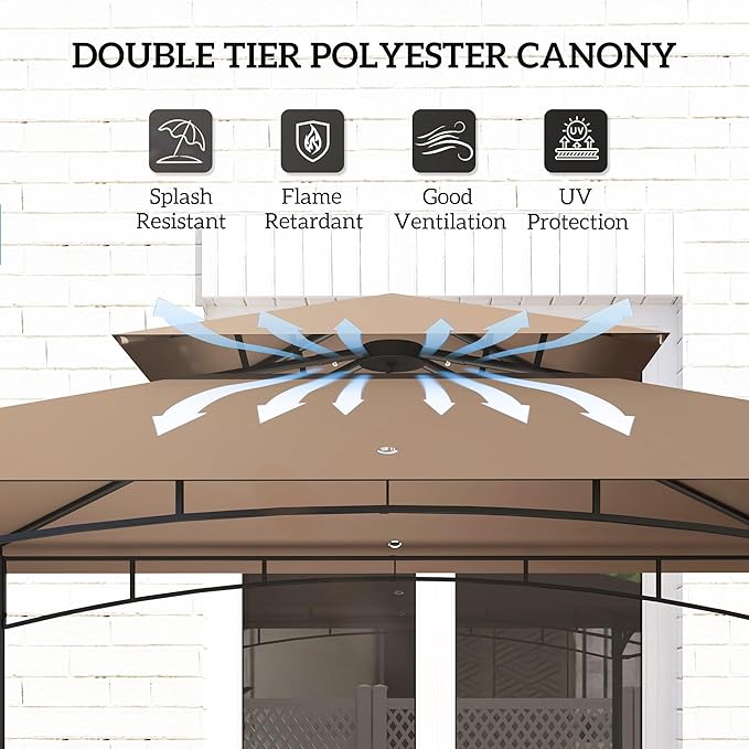 Outsunny 8' x 5' Grill Gazebo, Double Tiered Outdoor BBQ Gazebo with Side Awning, 2 Side Shelves and 6 Hooks for Patio, Deck, Yard, Brown