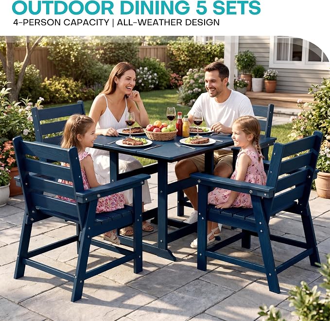 5 Piece Patio Dining Set, HDPE All-Weather Furniture with 4 Chairs & 1 Square Table, for Backyard, Garden, Navy Blue