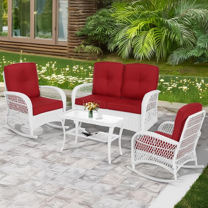MEETWARM 4 Pieces Outdoor Wicker Patio Conversation Sets with Glider Loveseat, 2 Chairs with Coffee Table Wicker Rocking Chair Set, Patio Furniture Set with Thickened Cushions, White/Red