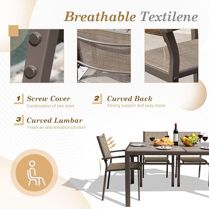 Flamaker Patio Dining Set 7 Piece Metal Frame Outdoor Furniture with 6 Textilene Chairs and Rectangular Table Family Kitchen Conversation Set for Backyard, Lawn (Brown)