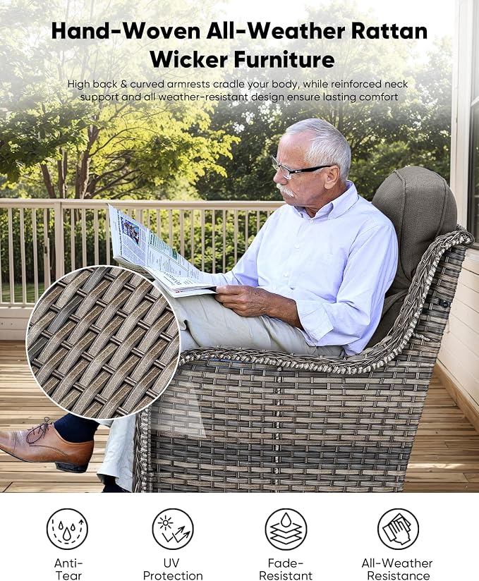 HUMMUH 7 Pieces Wicker Patio Furniture Set with Patio Swivel Chairs Set of 4,High Back Outdoor Sofa Ottomans,6 Inch Thick Cushions Outdoor Conversation Set for Porch, Balcony, Deck