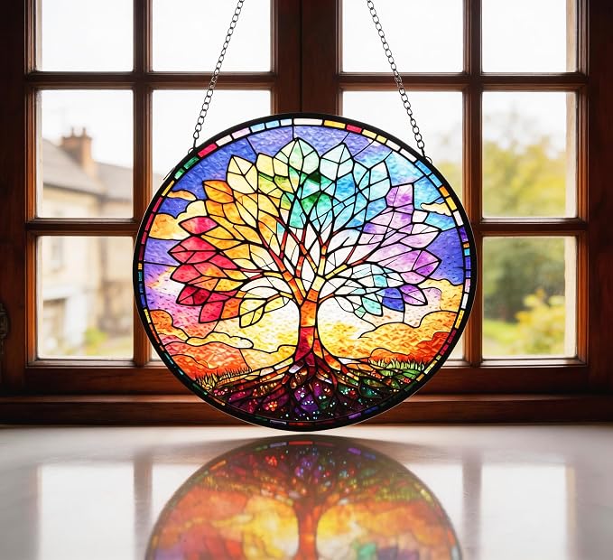 Stained Glass Window Hanging, Colorful Tree of Life Suncatcher 7.8 in Sun Catcher Boho Wall Art Decor with Chain Diamond Glass Panel Hangings Scenery Sun Catchers Decor for Lover Couple Mom