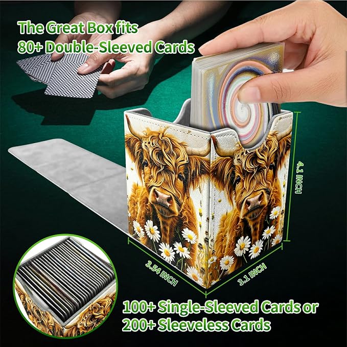 Deck Box for MTG, Cards Storage Box Fits 120+ Sleeved, Leather Medium Size Strong Magnetic Closing Card Case for Board Games Magic TCG CCG Baseball Collection, Flower Yellow Cow