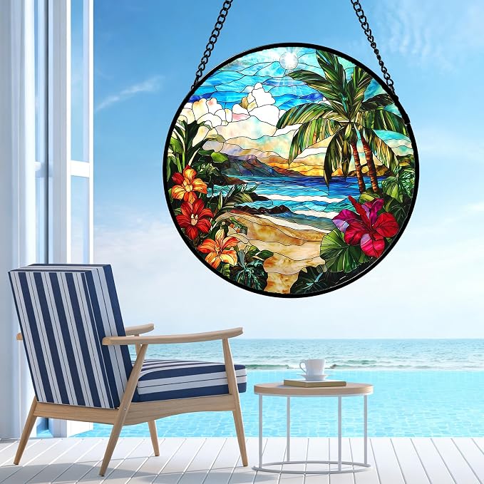 DASTOLL Stained Glass Window Hanging, Blue Beach Scenery Suncatcher Diamond Glass Panel Hangings Sun Catchers Decor for Birthday for Women, Men, Wife, Aunt, and Mom 11.8x11.8 in