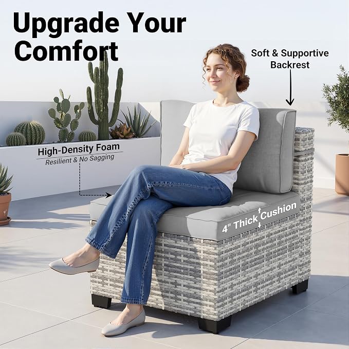 14-Piece Patio Furniture Set, Outdoor Sectional with Thick Cushions, Modular Patio Sofa, Dual-Strand Wicker Rattan, Rust-Resistant Frame, Backyard Furniture for Garden, Deck, Gray