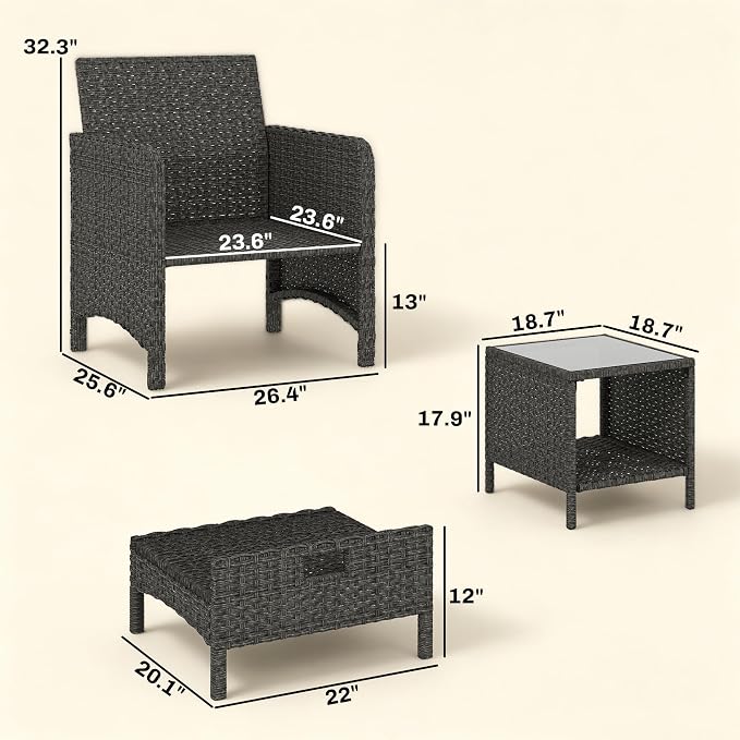 Outsunny 5 Piece Patio Furniture Set, Wicker Balcony Furniture with 23.6" Wide Deep Seat, 2 Ottomans, Glass Coffee Table, Cushions, Rattan Outdoor Conversation Patio Set for Garden Porch, Navy Blue
