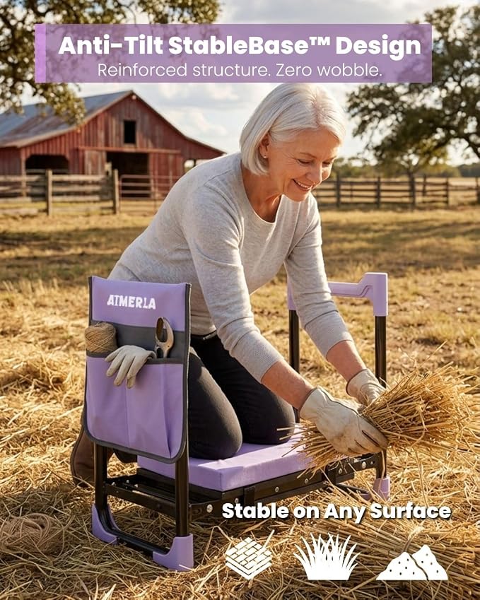 Aimerla K7 Foldable Garden Kneeler Seat, Upgraded Anti-Slip Base, 350LBS Capacity, 10.2" Wide EVA Pad & Detachable Cloud Cushion, 2-in-1 Kneeler Bench for Seniors, Gardening Gifts for Parents