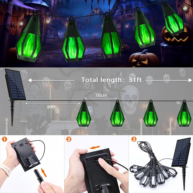 Solar String Lights for Outside, 21Ft Solar Patio Lights with 10 Flickering Flame Light Bulbs, Waterproof Green Solar Powered Outdoor Lights for Garden Yard Patio Gazebo Bistro Cafe Porch Party Decor