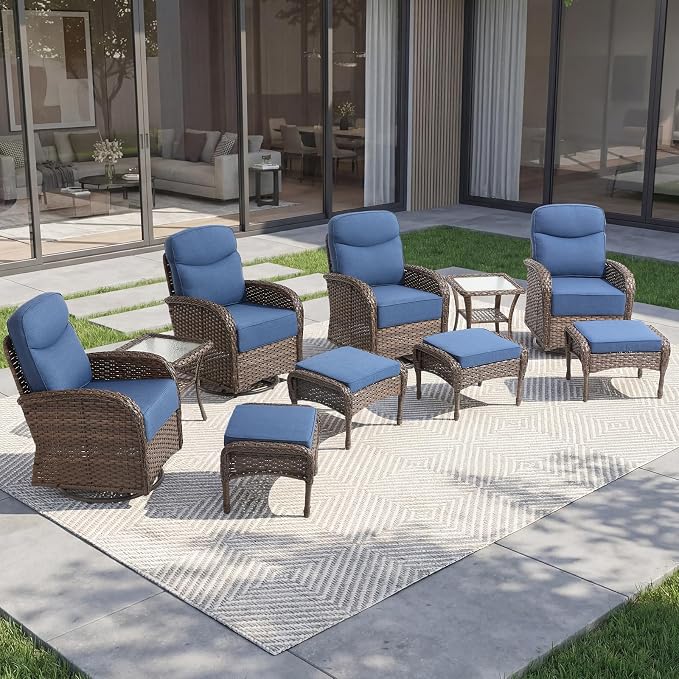 Outdoor Swivel Rocking Chair Patio Set (10pcs) High-Back - Thick Cushion Swivel Rocking Chair Patio Chairs Set, All-Weather Wicker Patio Furniture Set, Suitable for Balcony Patios, Brown/Blue