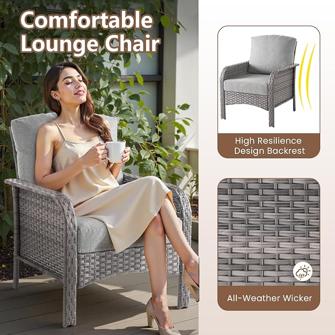 4 PCS Outdoor Patio Furniture Set with Glass Table, All-Weather Rattan Wicker Outdoor Conversation Set with Thickened Cushions for Balcony Backyard Garden Lawn,Dark Grey