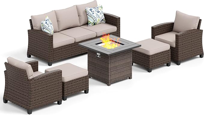 HERA'S HOUSE Wicker Patio Furniture Set, Outdoor Furniture with Fire Pit Table, 6 Pieces Patio Conversation Set with Ottomans, Outside Sofa Sets for Poolside Backyard, Beige