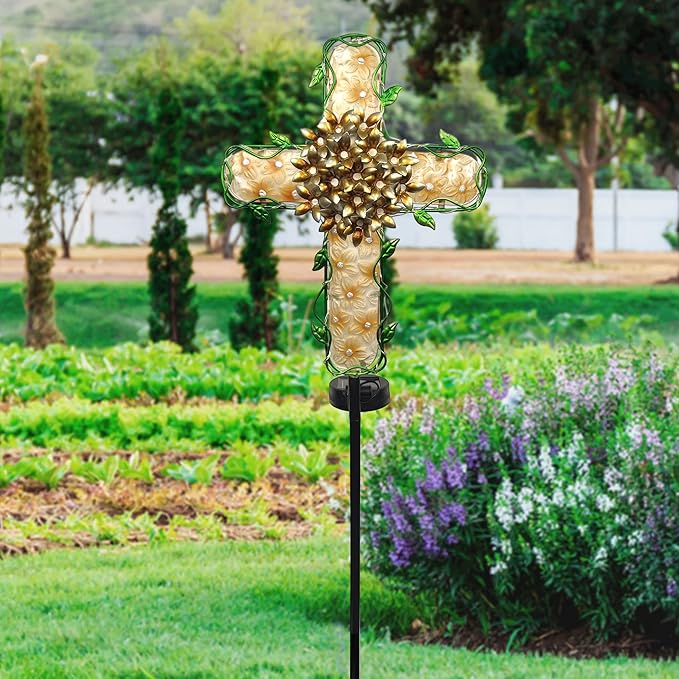 COOZZYHOUR 38inch Cross Garden Solar Lights Outdoor Decorative - Solar Metal&Glass Cross Apricot Hydrangea Flower Stake Lights- Waterproof 20 White LED for Remembrance Gifts & Sympathy Gifts