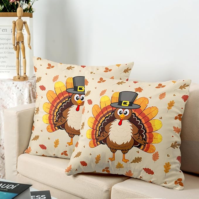 Pack of 2 Thanksgiving Throw Pillow Covers Cartoon Turkey with Autumn Maple Leaves Pillow Covers 24x24 Fall Leaves Pillow Case Square Cushion Case for Living Room Couch