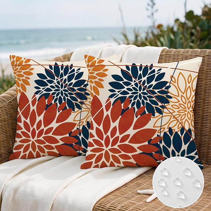 OTOSTAR Outdoor Orange Dark Blue Pillow Covers 20x20 Inch Set of 2 Flower Throw Pillows Farmhouse Geometric Dahlia Floral Square Cushion Case Waterproof Decor for Sofa Patio Funiture Garden