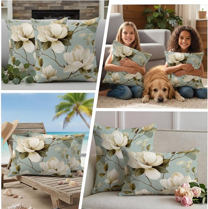 Vintage Floral Outdoor Pillow Covers 20"x12" Set of 2, Magnolia Flowers Branches Rustic Botanical Teal Waterproof Throw Pillow Covers for Patio Furniture, Decorative Cushion Covers for Porch