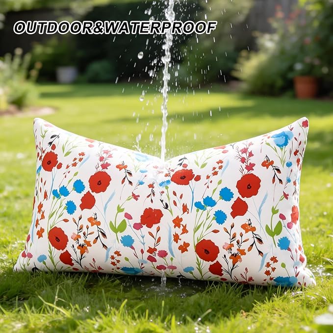 Outdoor Floral Lumbar Pillow Covers Decorative Summer Waterproof Throw Pillow Covers Red Garden Cushion Sham Throw Pillowcase 12x20 Inch Set of 2 Outside Decor for Sofa Furniture Patio Garden Tent