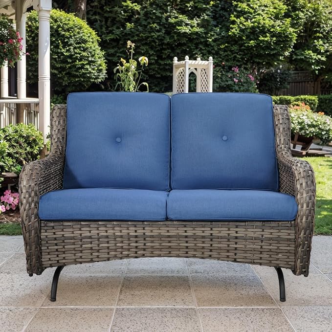 Patio Loveseat Glider Set, Resin Wicker Loveseat Glider with 2 Swivel Patio Chiars Coffee Table and Side Table, 5 Piece Patio Furniture Set Loveseat Set, Grey Wicker|Blue Cushions