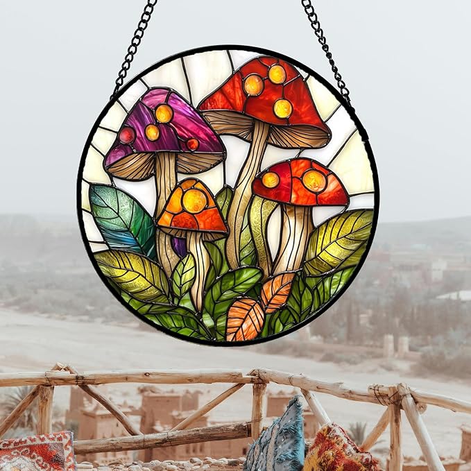 DASTOLL Stained Glass Window Hanging, Mushroom Leaves Suncatcher for Doors Home Sun Catchers Decoration and Christmas, Mother's Day Birthday Gifts for Women, Men, and Mom 14.9x14.9 in
