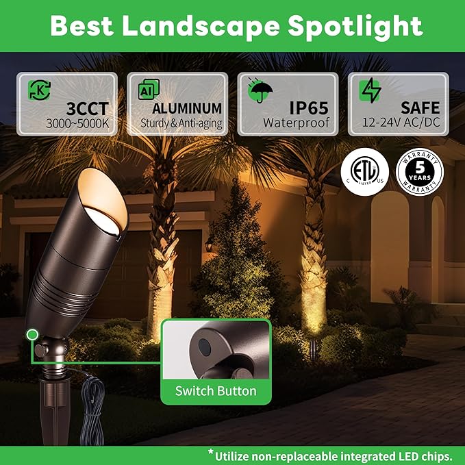 Landscape Light Kit, 6 Pack 3CCT Selectable Spot Light and 100FT Cable and 30 Wire Connectors, Aluminum ORB Waterproof LED Uplight, Perfect for Garden Flag Wall, Without Transformer