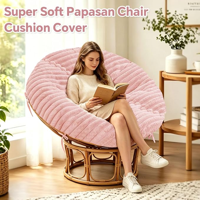 Fluffy Shaggy Cover for Papasan Cushion Cover, 50 Inch, Machine Washable | Super‑Soft Faux Fur Papasan Chair Cushion Cover, 8 Ties Keep Cover Secure, Long‑Zipper for Easy Removal, Pink (Only Cover)