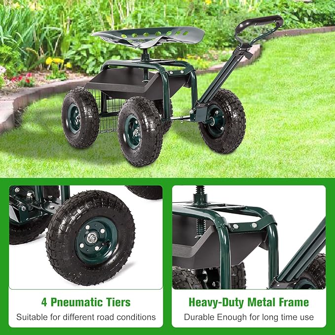 kinbor Rolling Garden Scooter Garden Cart with Tray, 360 Swivel Seat, Green