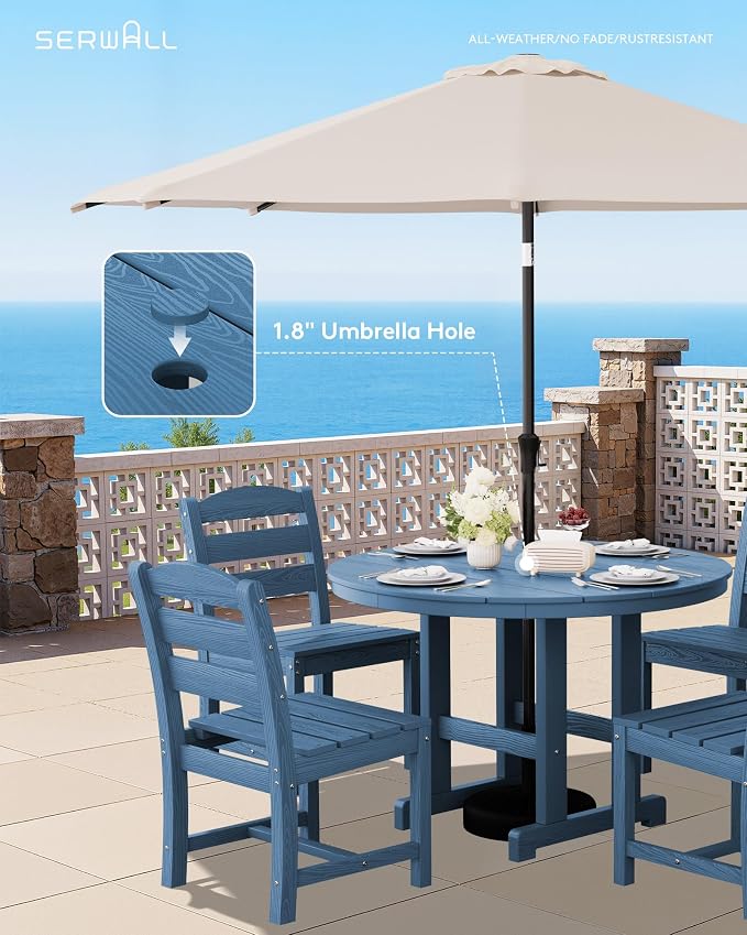 SERWALL 5-Piece Patio Dining Sets, HDPE Outdoor Table and Chairs Furniture Set, 45" Round Dining Table and 4 Armless Dining Chairs, Navy