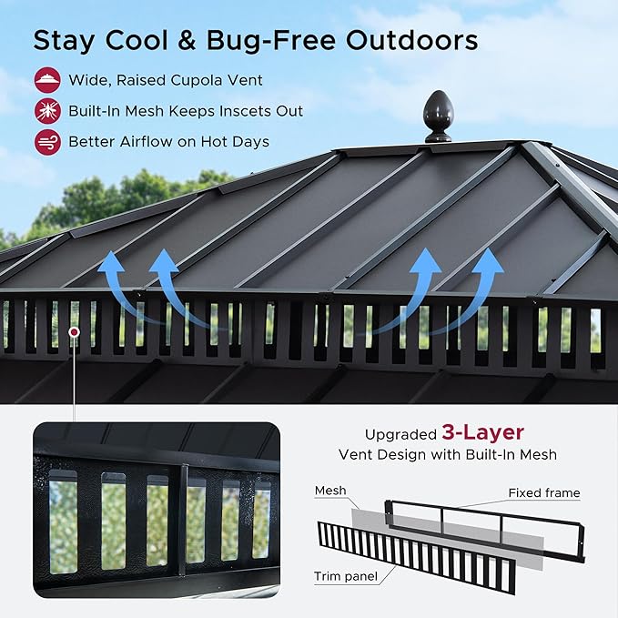 SUNJOY Kingston 14' x 12' Hardtop Wood Gazebo with Galvanized Steel Double Roof, Curtain and Netting, Cedar Posts Permanent Pavilion Gazebo for Garden, Patio, Deck, Lawn